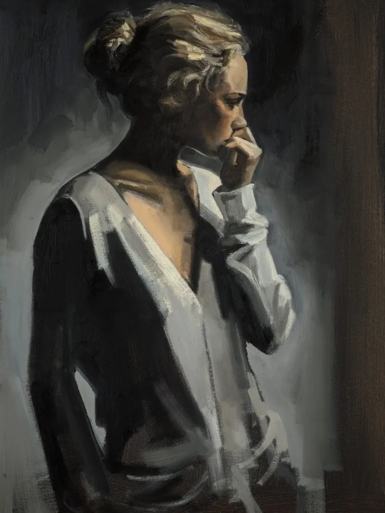 Amelié, an oil painting by Emily Nelson of a woman in a white shirt