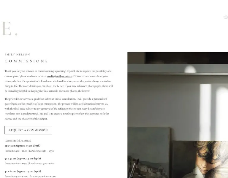 The commissions page of the Emily Nelson Design House website, with guide prices by canvas size